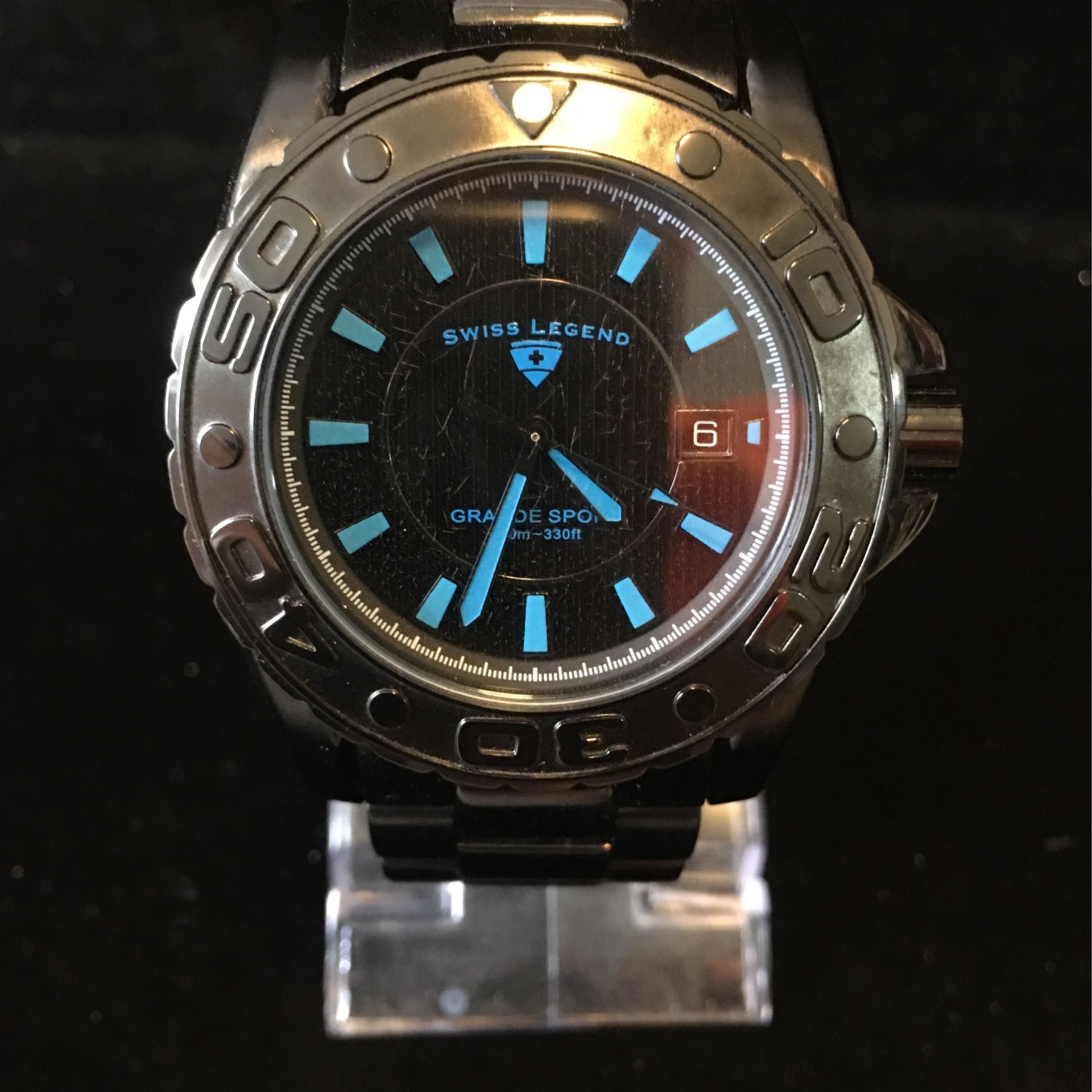 Mens Swiss Legend 43mm Black Blue Accent Watch 