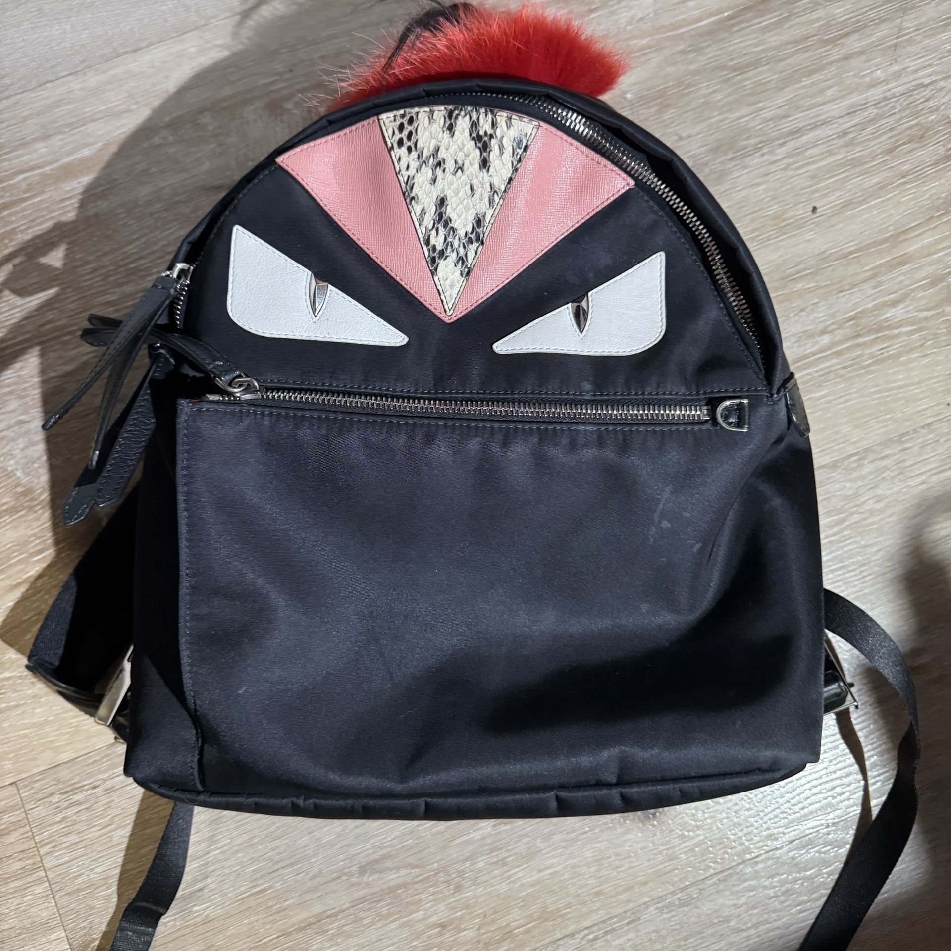 FENDI Nylon Vitello Fox Fur Monster Backpack in Black