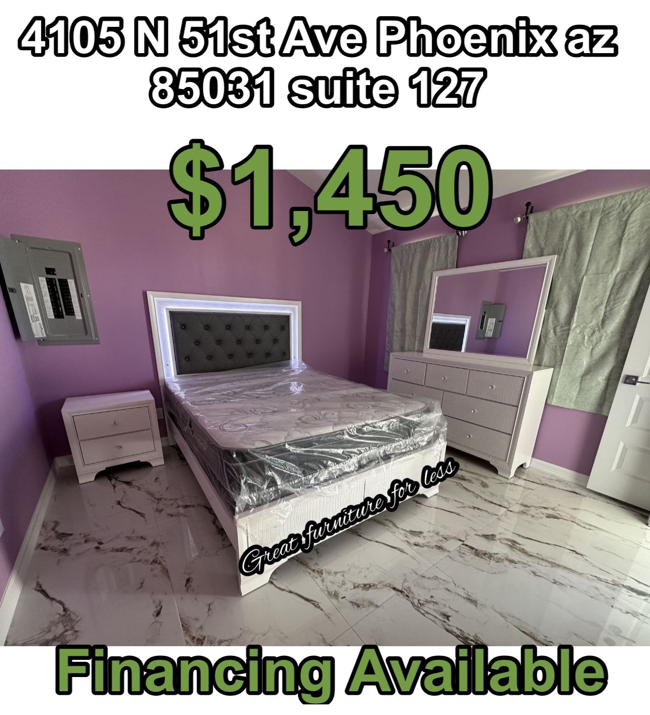 Queen Size Led Bedroom Set White Include Bed Frame Dresser Mirror Nightstand Pillow Top Mattress And Boxspring Brand New