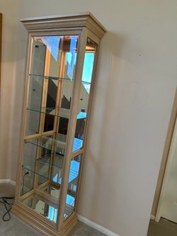 Elegant Light Wood & Glass Curio Display Cabinet with Lighting
