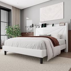  King Size Bed Frame with Charging Station, Velvet Upholstered Platform Bed Frame with Wingback Storage Headboard, Solid Wood Slats Support, No Box Sp