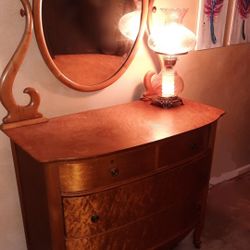 Antique Dresser With Mirror, Birdseye, 4 Drawer