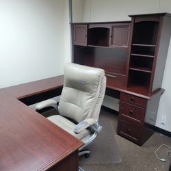 Realspace Broadstreet Cherry Wood Finish 65"W U-Shaped Executive Desk with Hutch & File Cabinet