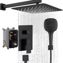 10 Inch Shower Set, Wall Mounted Rainfall Shower Head with 3-Spray Handheld Shower System Luxury Shower Valve and Trim Kit (Matte Black)