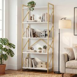 62.2" 5-Tier Bookshelf – White Shelves & Gold Metal Frame, Fully Assembled