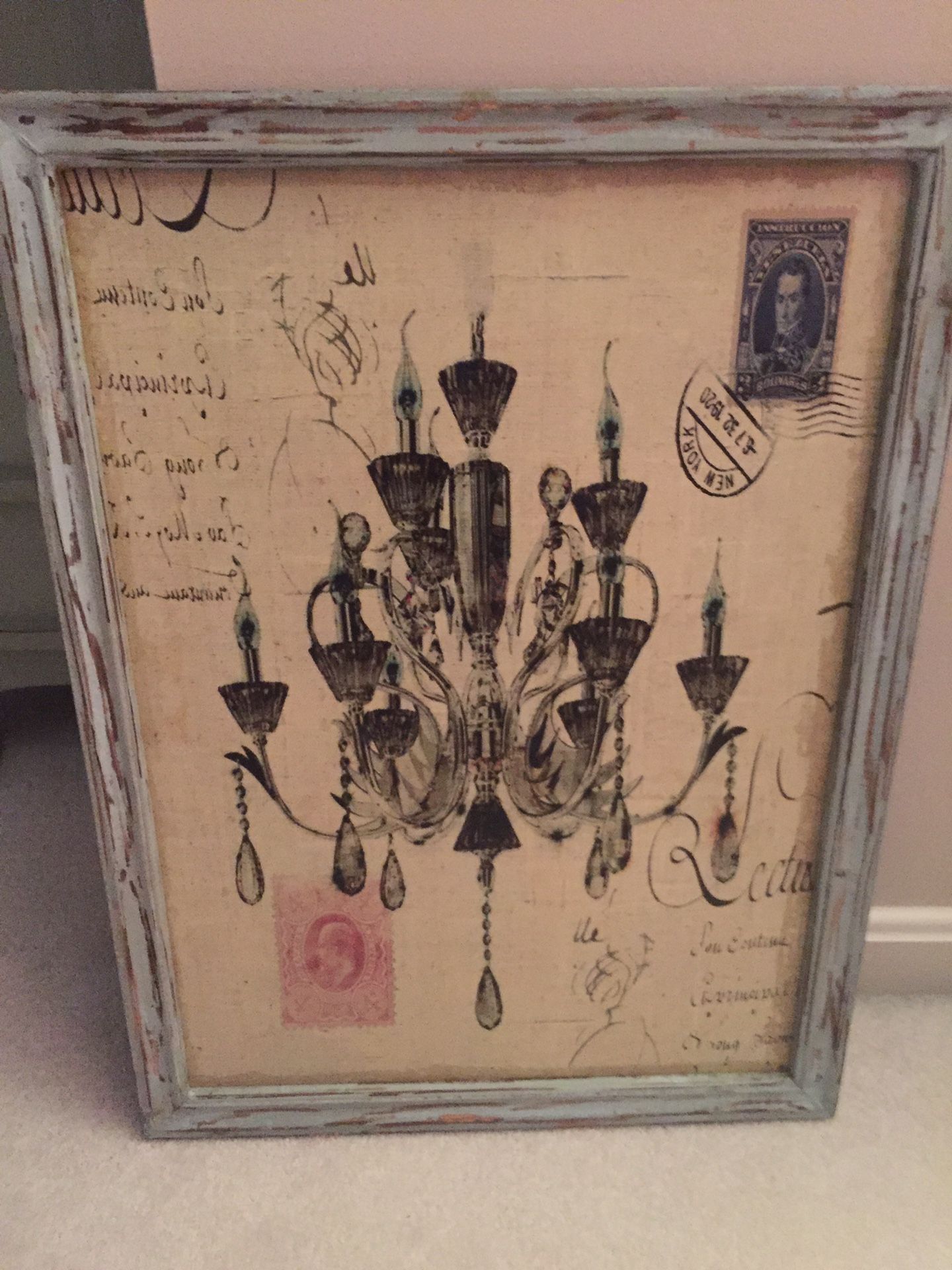 Chandelier art with distressed wood frame