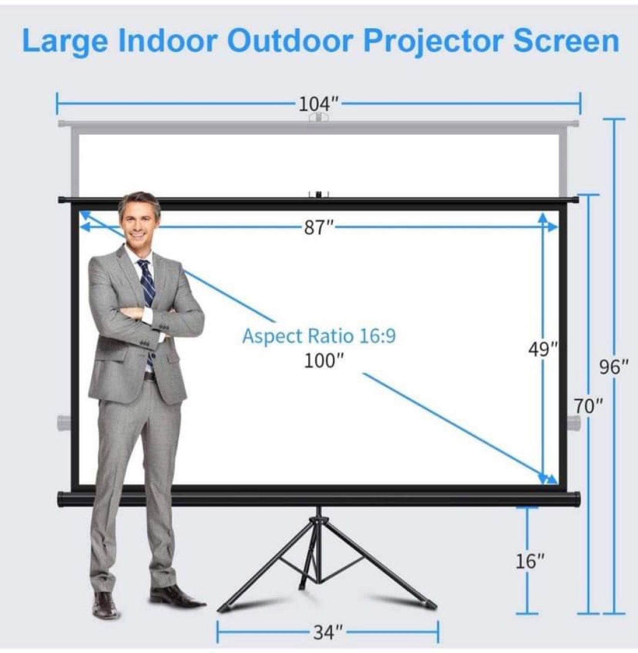 Projector Screen with Stand, Indoor Outdoor PVC Projection Screen 4K HD 100'' 16: 9 Wrinkle-Free Design(Easy to Clean, 1.1Gain, 160° Viewing Angle & I