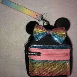 Disney Park Minnie Mouse Sequined Mini Rainbow Loungefly Wristlet Backpack
