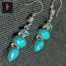 MOJAVE TURQUOISE AND LONDON BLUE TOPAZ. STERLING HYPOALLERGENIC WIRES. EARRINGS. PIERCED.*2-3/4" LONG. (E-44663)