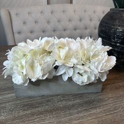 White floral arrangement w/ wooden vase