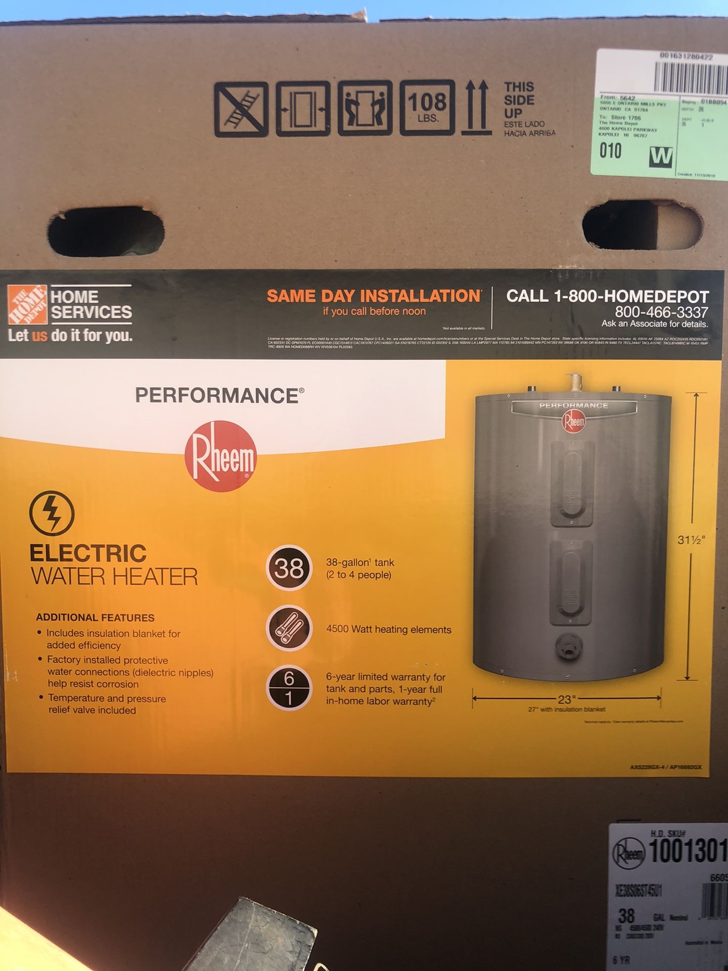 BRAND NEW 38 gal. electric hot water heater