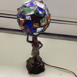 Antique German Figural Desk / Table Lamp Chunk Glass Mosaic Globe 18 1/2” Tall WORKING