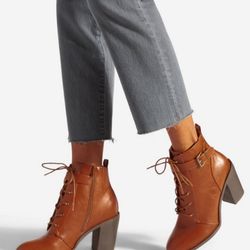 ShoeDazzle Brown Leather Block Strap Side Zip Heel Bootie Size 11