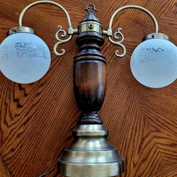 2 Student Lamps VINTAGE Art Deco - Brass/Wood - Dual Hanging Frosted Globes  RARE
