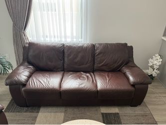 Genuine Brown Leather Sofa Set + Orange Loveseat – Good Condition, No Tears