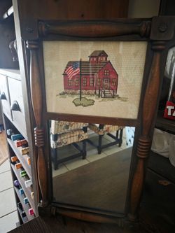 Vintage Early American Colonial Revival Style Cross-Stitch School House Wooden Wall Mirror.