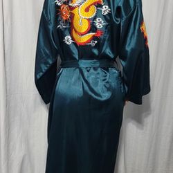 EMERALD GREEN ASIAN SILK ROBE WITH EMBROIDERED DRAGONS 🐉 