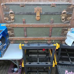 Vintage chest Antique Green Canvas Steamer Trunk – Brass Hardware  Storage