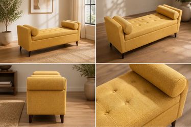 Yellow Tufted Chaise Bench with Bolster Pillow
