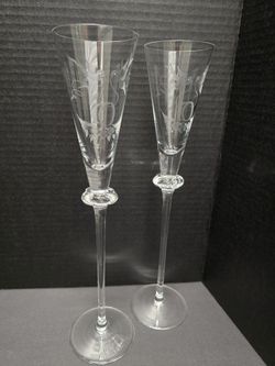 Crystal Wedding Champagne Flutes – Etched Doves & Rings, Set of 2