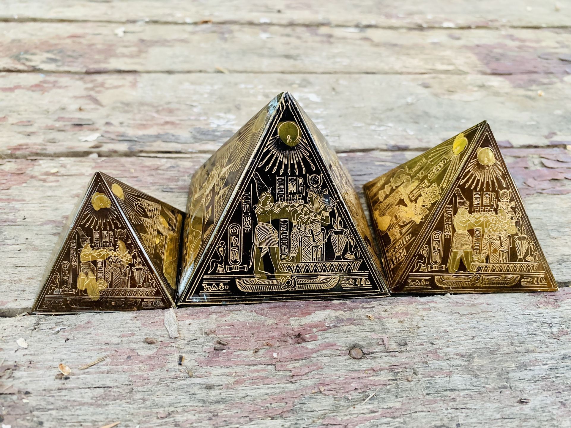 Egyptian Revival Brass Etched Pyramid Paperweights And Urn