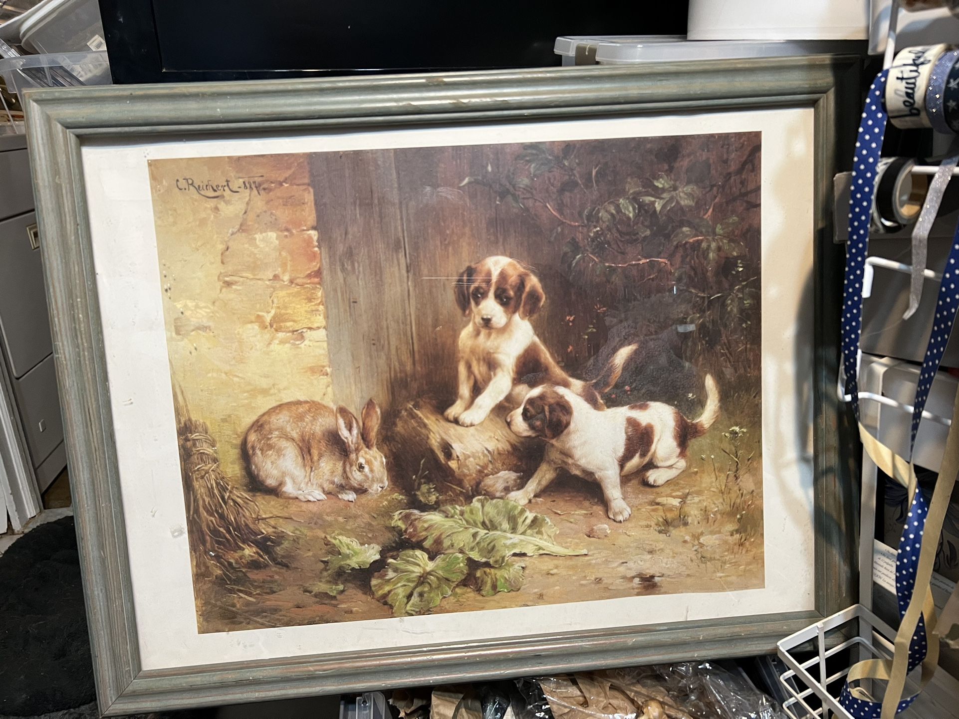 Puppies With Rabbit Framed Print