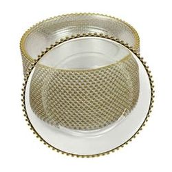 350 glass charger plates, 13 inches wide, with gold beading. Used - like new.