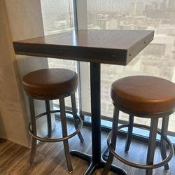 Rustic Wooden Pub Table and Brown Leather Stools