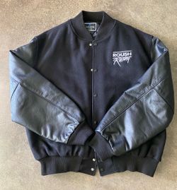 Roush Racing Wool Leather Varsity Jacket Bomber Size 2XL Black Snap Front