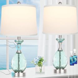 26" Coastal Glass Table Lamps Set of 2, 3-Way Dimmable Touch Control Blue Nautical Lamps