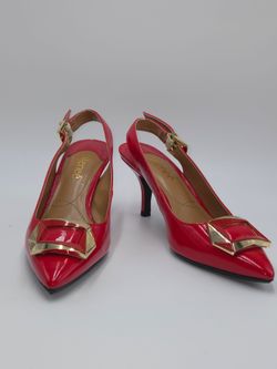 J.Renee Red Patent Slingback Pumps with Gold Buckle