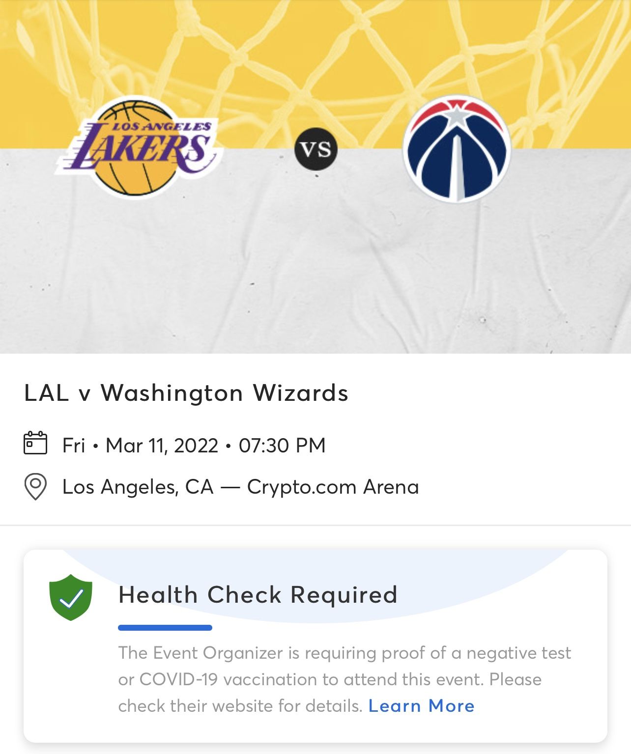 Los Angeles Lakers vs Washington Wizards 2 Tickets 3/11/2022