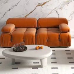 Like-New Ultramodern Modular Two Seater Decorative Couch - Orange Velvet - Designer Replica