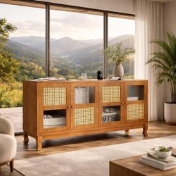 Sideboard Cabinet with Storage, 60” Accent  Entryway with Rattan & Glass Doors, (Antique Brown) D-45