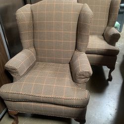 Baker Mahogany Wingback Reading Chair Set Newly Upholstered with Tartan Wool