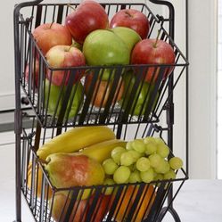 Gourmet Basics by Mikasa Band and Stripe 2-Tier Metal Mini Countertop Fruit Storage Basket, 17.5-Inch, Black