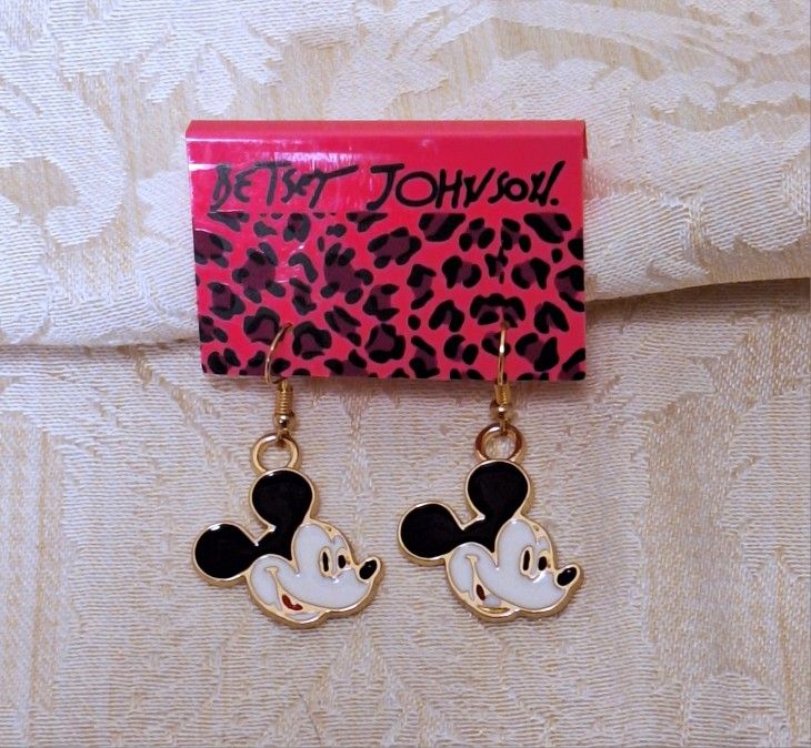 "Mickey Mouse" gold drop dangle earrings on French wires, black red white enamel