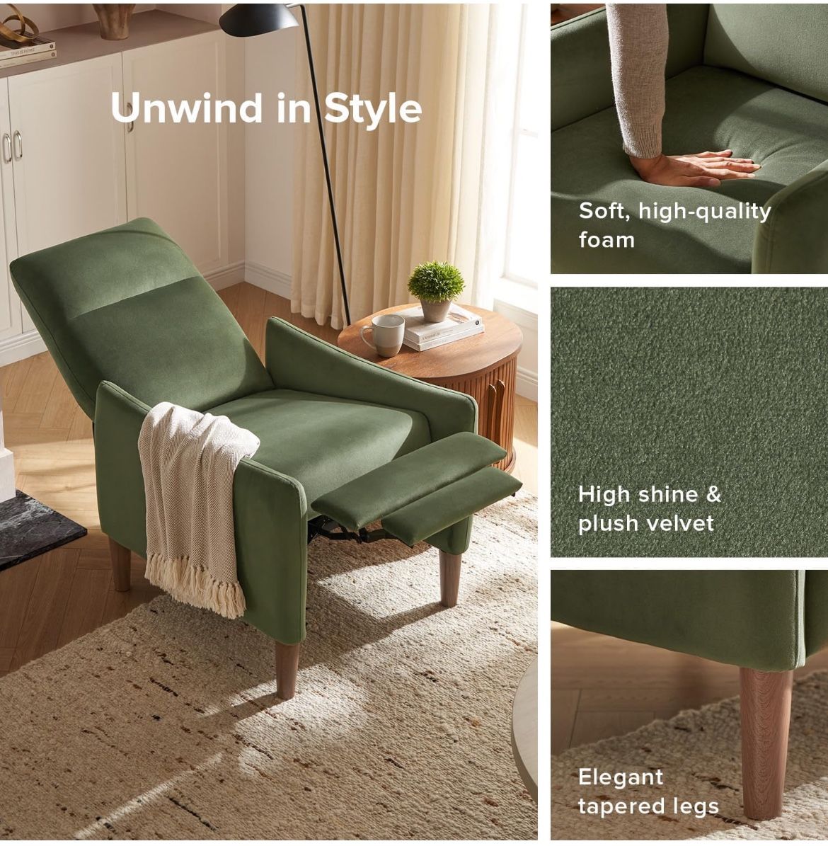 Olive Green Recliner Chair for Sleeping Velvet Mid Century Modern