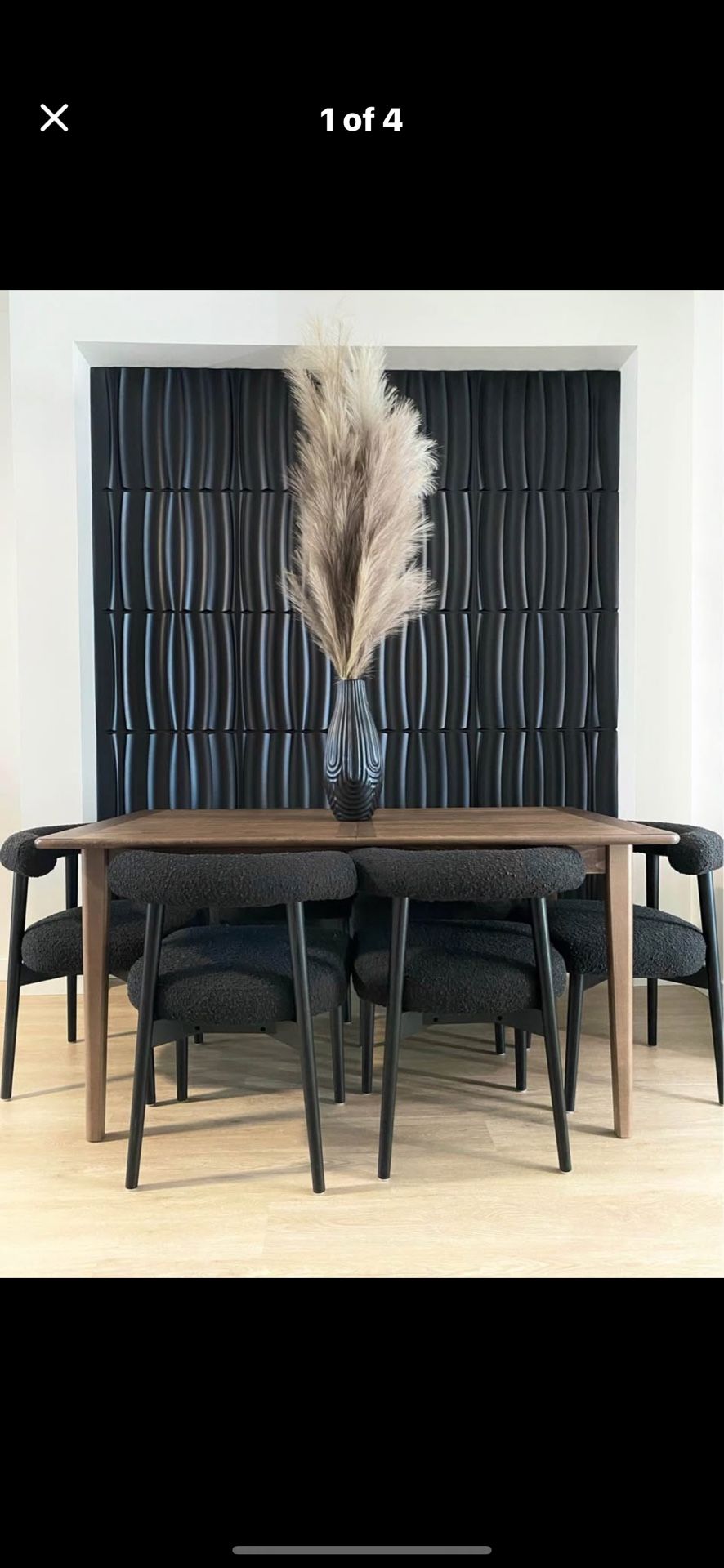 6 Black boucle chairs and Dining table