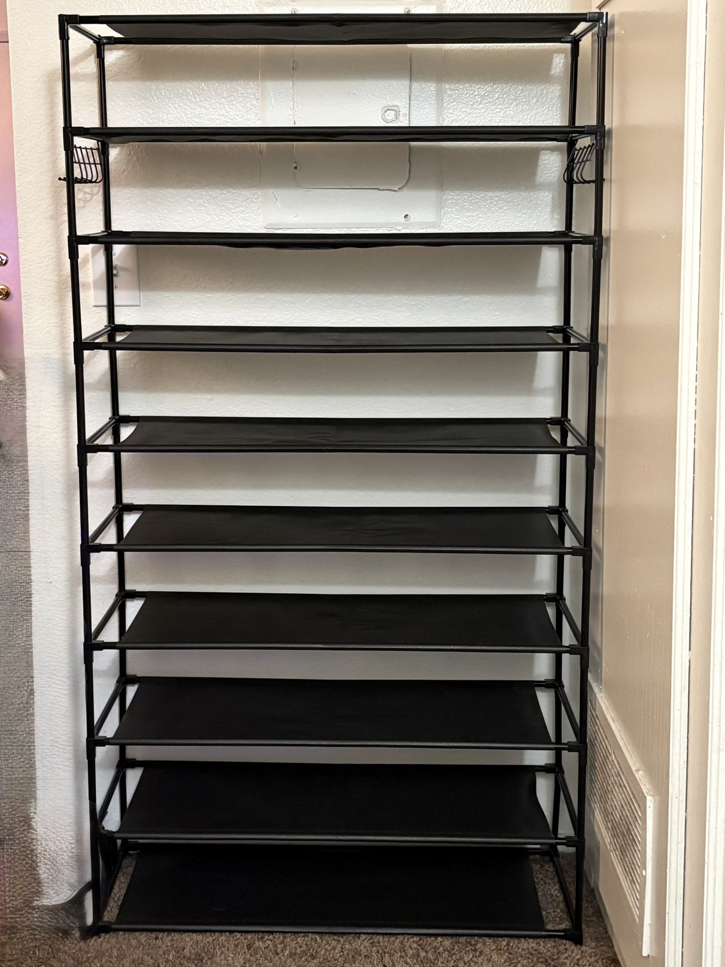 BLACK 50 PAIR SHOE RACK WITH HOOKS