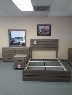4 PC queen bedroom set with queen bedframe. Dresser mirror nightstand on sale now don't miss