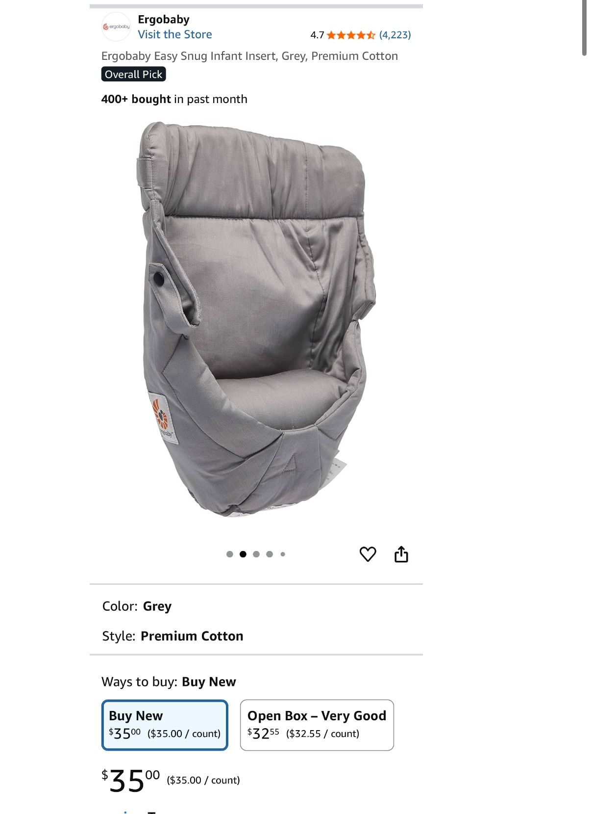 Ergobaby Easy Snug Infant Insert, Grey, Premium Cotton