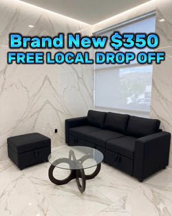 Black ottoman and couch brand new sealed with storage FREE LOCAL DROP OFF