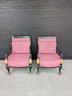 Pair of Empire Style Black and Gold Armchairs with Pink Upholstery