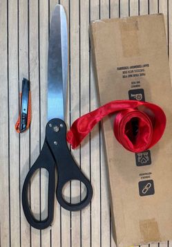 Ribbon Cutting Ceremony Kit, 25” Black Scissors, Red Satin Ribbon, Grand Opening
