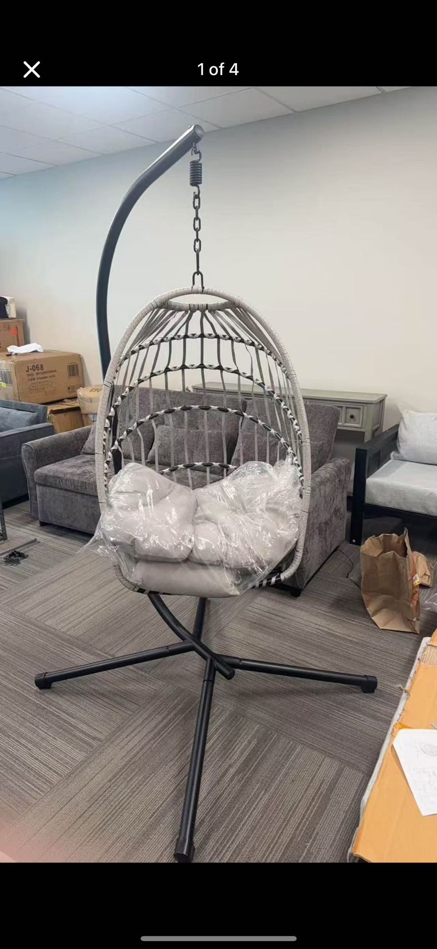 Indoor and Outdoor Egg-Shaped Swing Chair with Stand, Patio Wicker Rattan Hanging Chair with Rope Back, Cushions, Cover