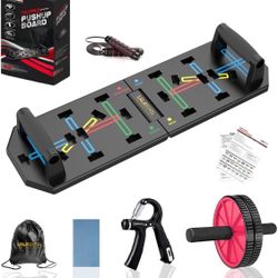 Large Compact Push Up Board with Resistance Bands, Ab Roller Wheel and Hand Grip Strengthener