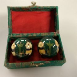 Vintage Chinese Cloisonné Panda Bears Chiming Baoding Balls In A Silk Brocade Box
