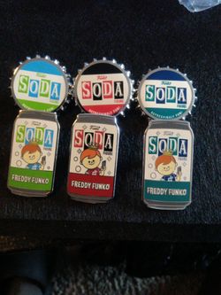 Sex assorted Funko pins soda cans and bottles