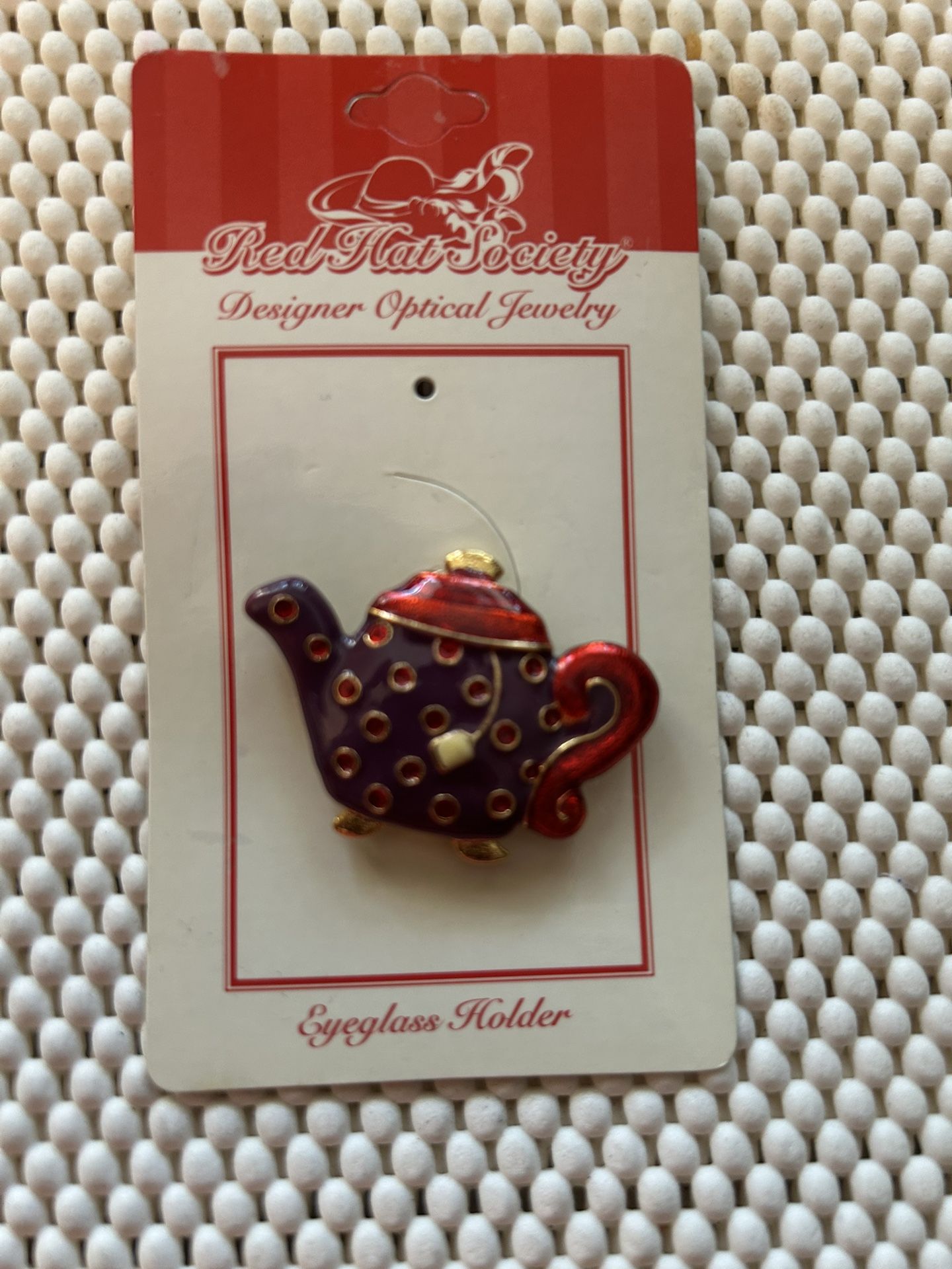 Vintage Red Hat Society Enamel Teapot Pin With A Drop Down Loop